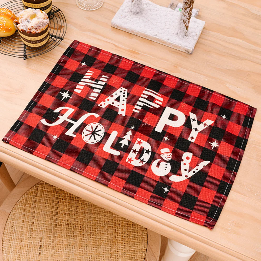 Merry Christmas Placemat Plaid Printed Decorations Tableware Pad Table Mat Napkins Xmas Tablecloth for Dining Table Home Decor