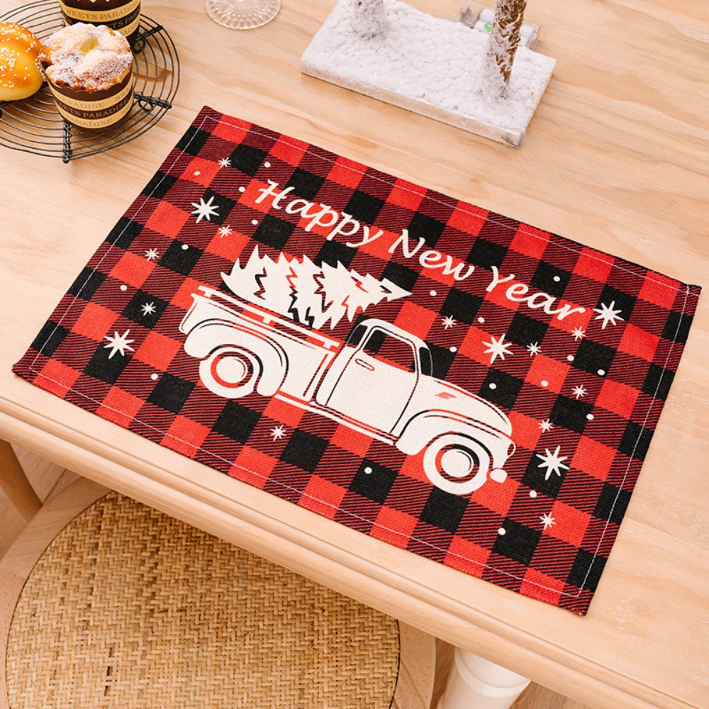 Merry Christmas Placemat Plaid Printed Decorations Tableware Pad Table Mat Napkins Xmas Tablecloth for Dining Table Home Decor
