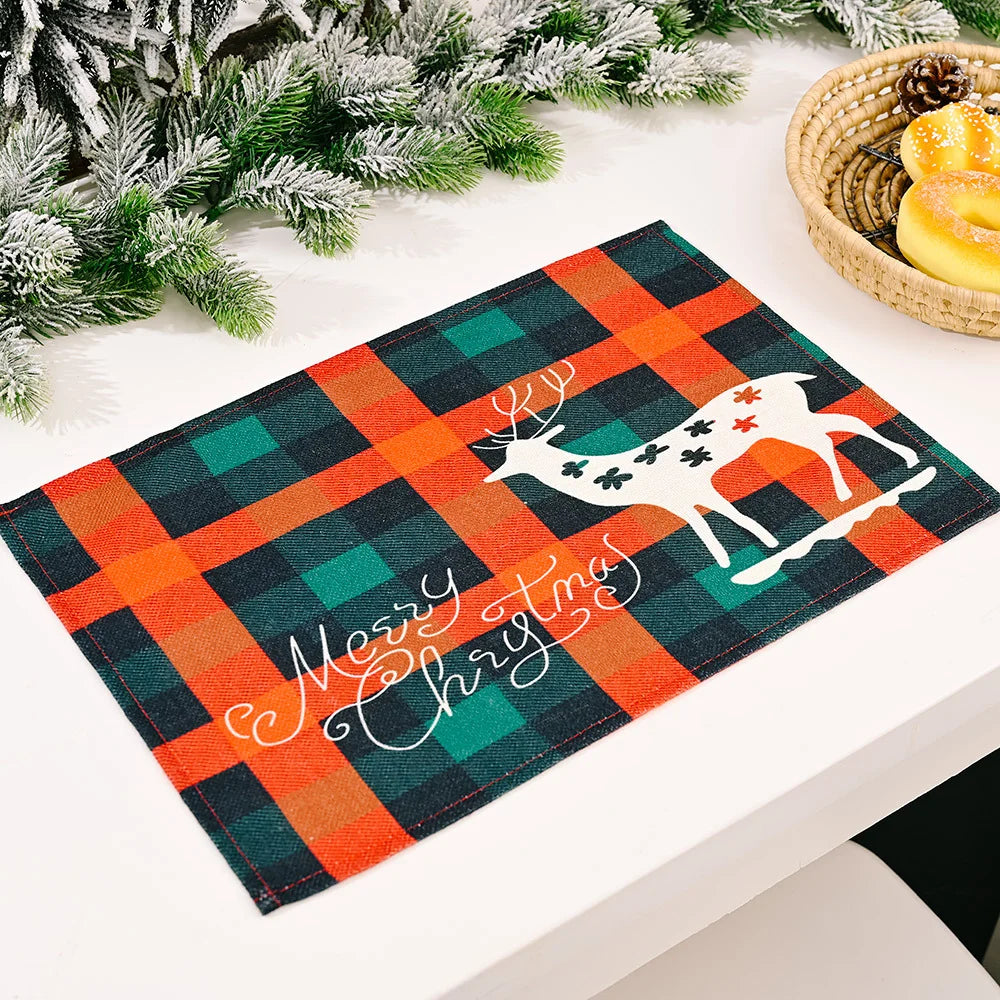 Merry Christmas Placemat Plaid Printed Decorations Tableware Pad Table Mat Napkins Xmas Tablecloth for Dining Table Home Decor