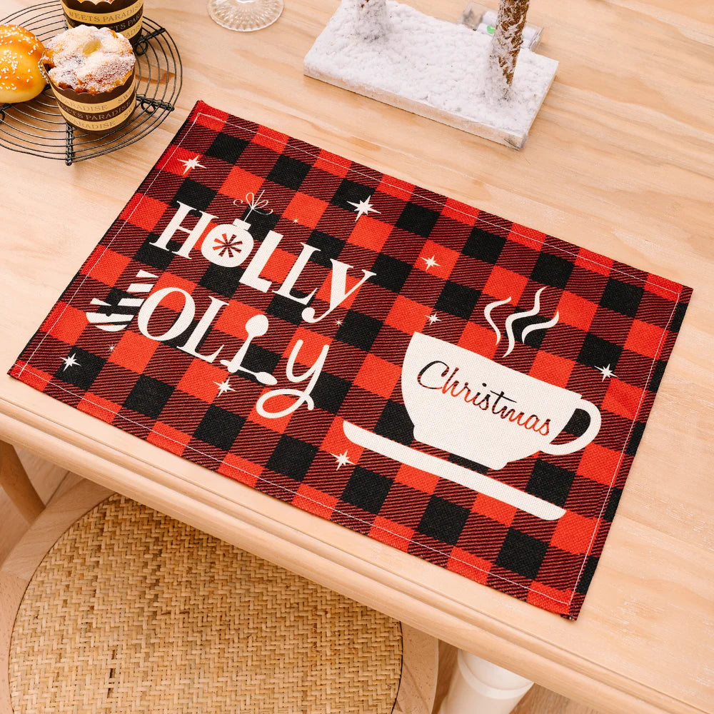 Merry Christmas Placemat Plaid Printed Decorations Tableware Pad Table Mat Napkins Xmas Tablecloth for Dining Table Home Decor