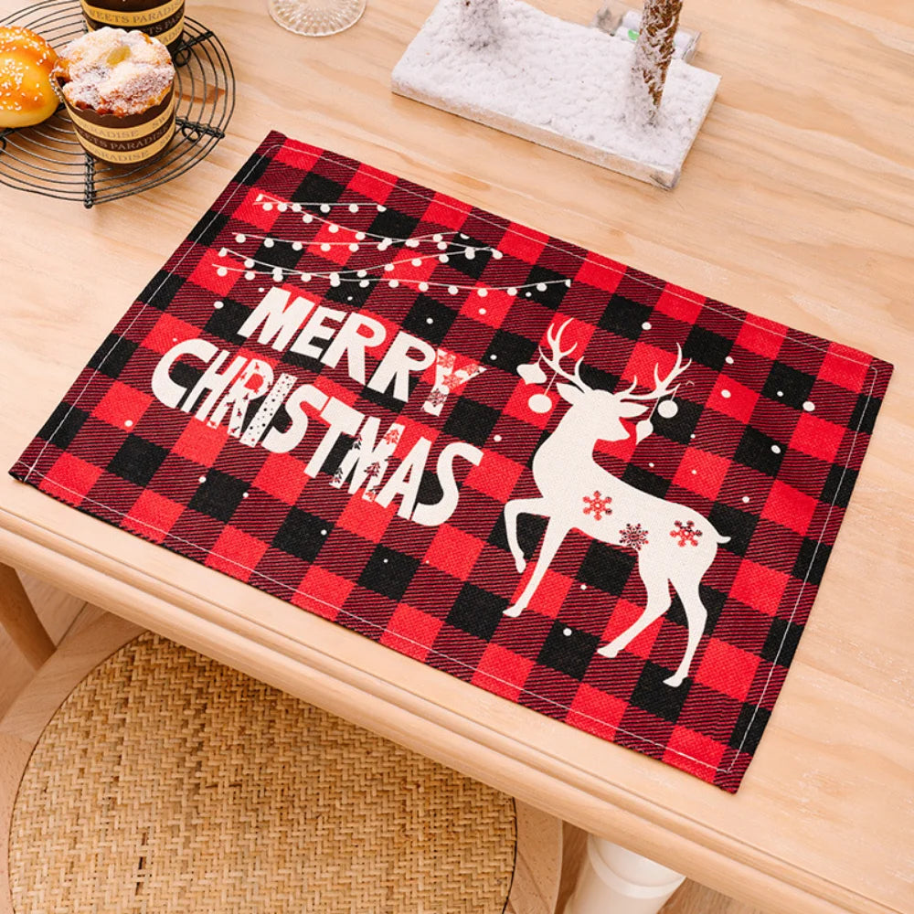Merry Christmas Placemat Plaid Printed Decorations Tableware Pad Table Mat Napkins Xmas Tablecloth for Dining Table Home Decor