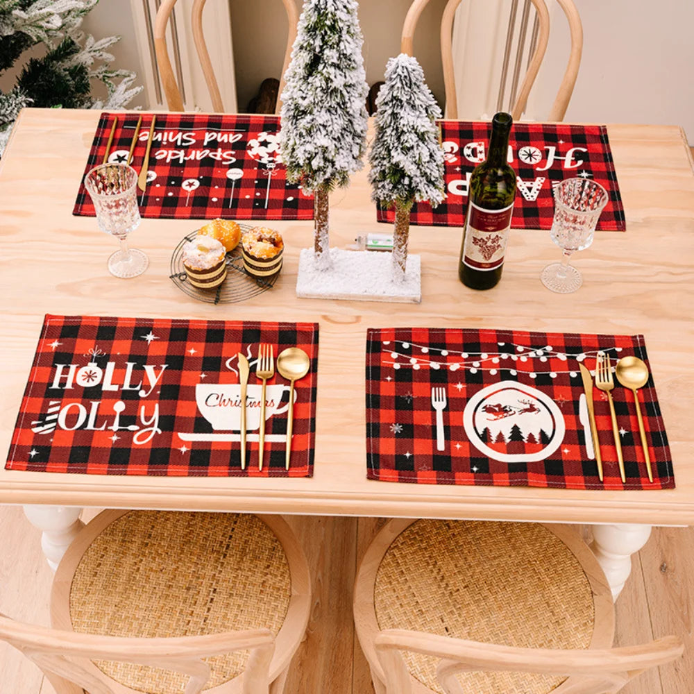 Merry Christmas Placemat Plaid Printed Decorations Tableware Pad Table Mat Napkins Xmas Tablecloth for Dining Table Home Decor