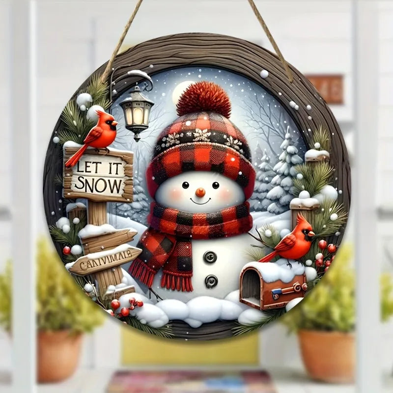 7.9" Christmas Wreath Centerpiece Decoration - Acrylic Round Holiday Wall Door Hanging Ornament Snowman Christmas Home Decor