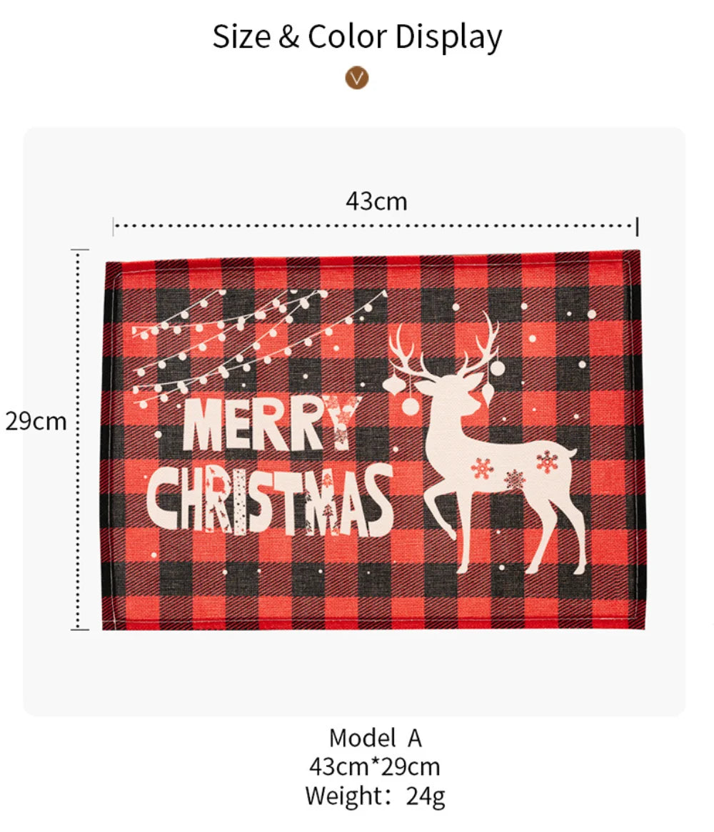 Merry Christmas Placemat Plaid Printed Decorations Tableware Pad Table Mat Napkins Xmas Tablecloth for Dining Table Home Decor