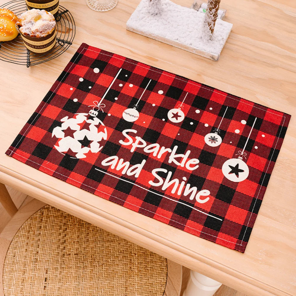 Merry Christmas Placemat Plaid Printed Decorations Tableware Pad Table Mat Napkins Xmas Tablecloth for Dining Table Home Decor