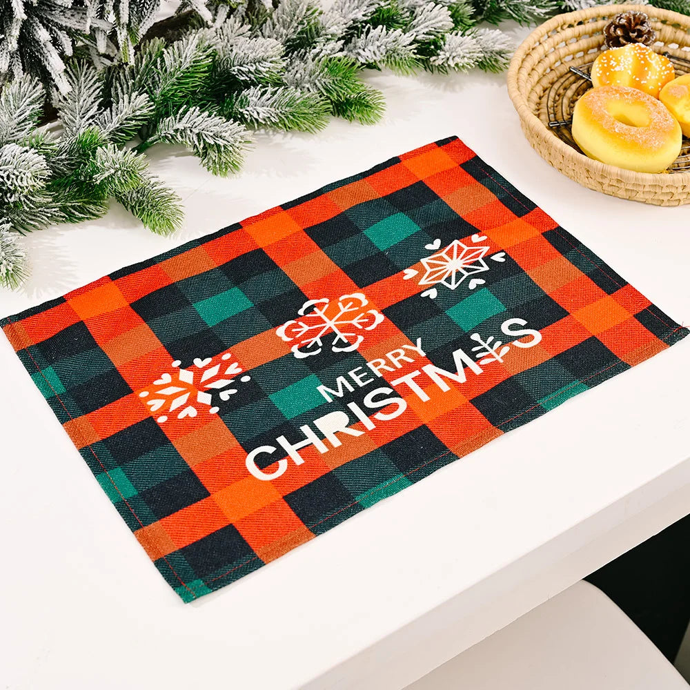 Merry Christmas Placemat Plaid Printed Decorations Tableware Pad Table Mat Napkins Xmas Tablecloth for Dining Table Home Decor