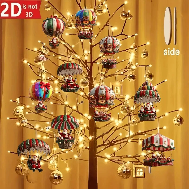 10Pcs Christmas2025 2D New Christmas Hot Air Balloon Santa Acrylic Hanging Decor Bedroom Living Room Wall Home Decoration 2026