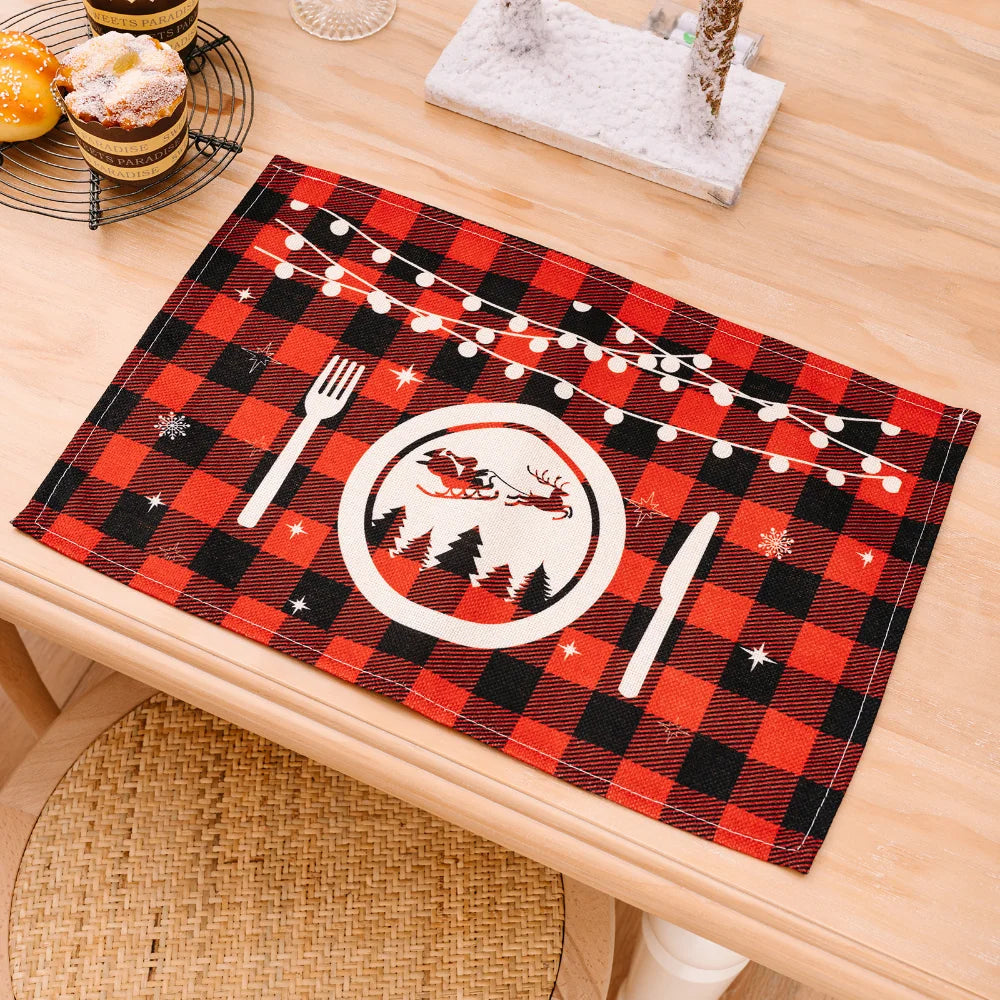 Merry Christmas Placemat Plaid Printed Decorations Tableware Pad Table Mat Napkins Xmas Tablecloth for Dining Table Home Decor