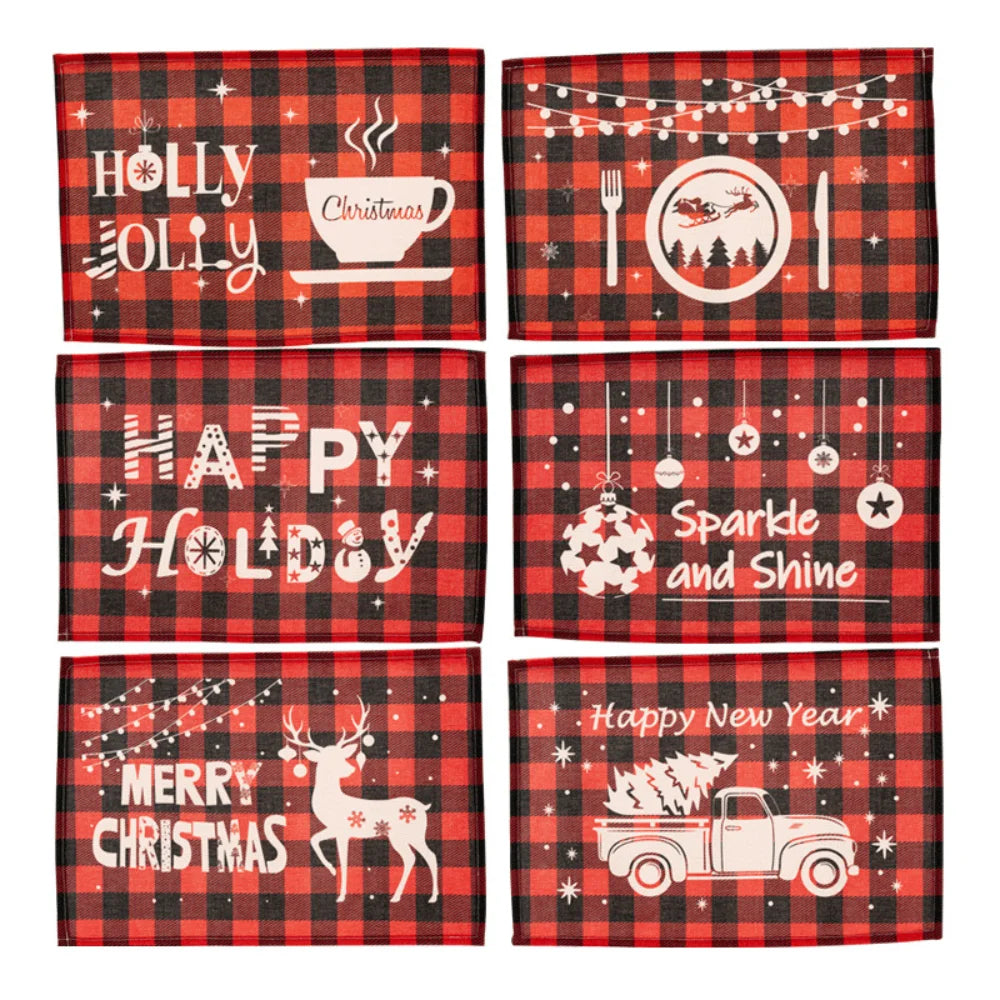 Merry Christmas Placemat Plaid Printed Decorations Tableware Pad Table Mat Napkins Xmas Tablecloth for Dining Table Home Decor
