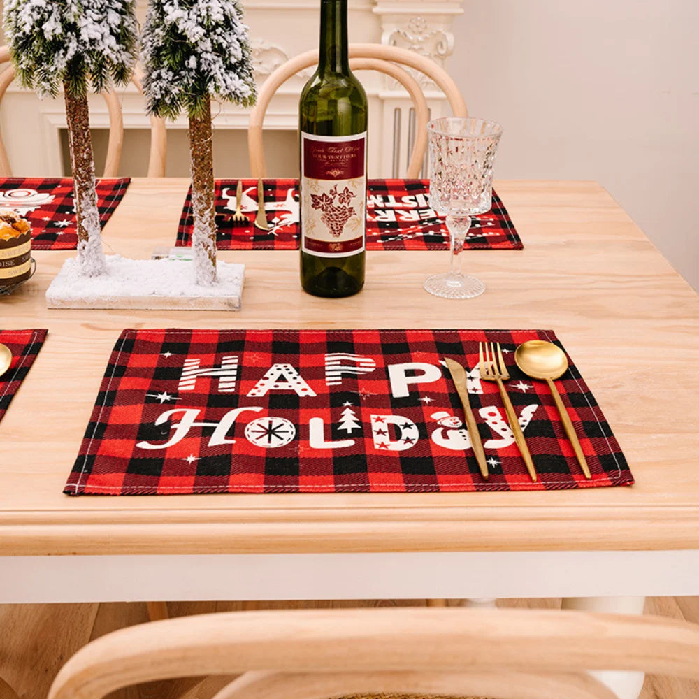 Merry Christmas Placemat Plaid Printed Decorations Tableware Pad Table Mat Napkins Xmas Tablecloth for Dining Table Home Decor