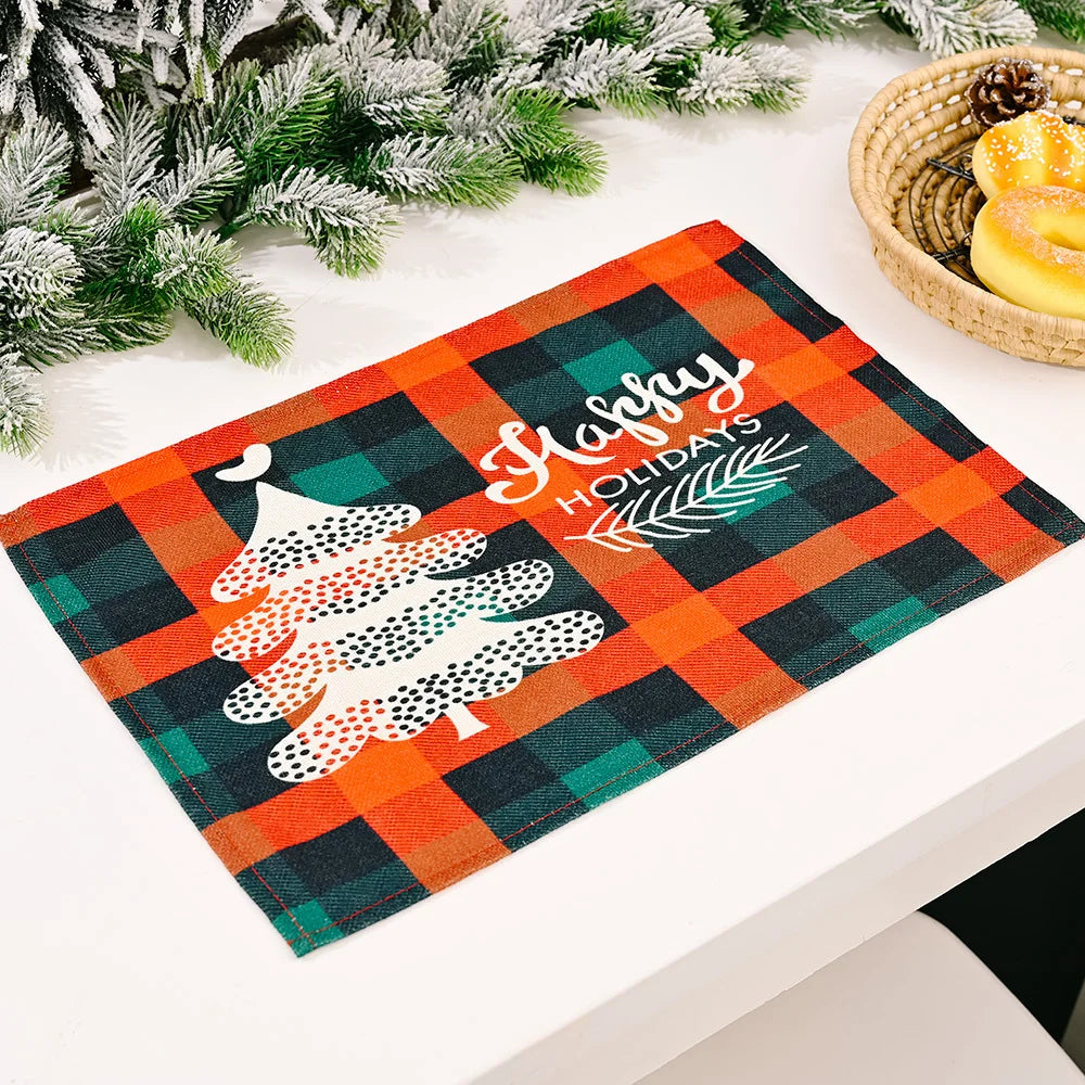 Merry Christmas Placemat Plaid Printed Decorations Tableware Pad Table Mat Napkins Xmas Tablecloth for Dining Table Home Decor