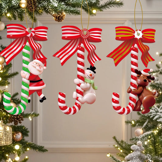 3PCS Christmas Tree Pendants Christmas Snowman Candy Cane Hanging Ornaments Decorations Xmas Gifts New Year 2024