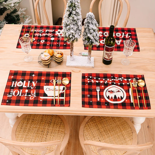 Merry Christmas Placemat Plaid Printed Decorations Tableware Pad Table Mat Napkins Xmas Tablecloth for Dining Table Home Decor