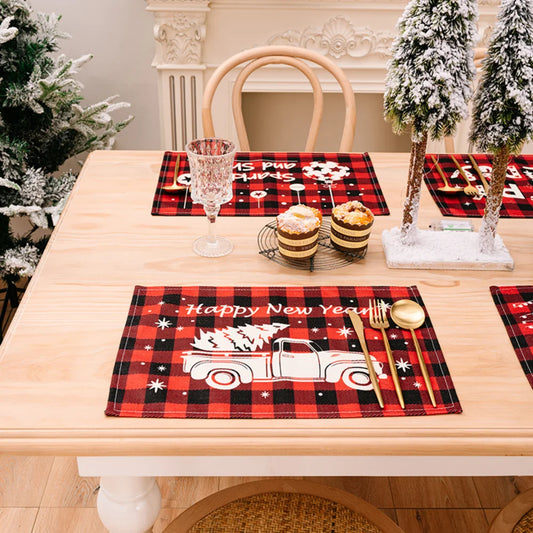 Merry Christmas Placemat Plaid Printed Decorations Tableware Pad Table Mat Napkins Xmas Tablecloth for Dining Table Home Decor